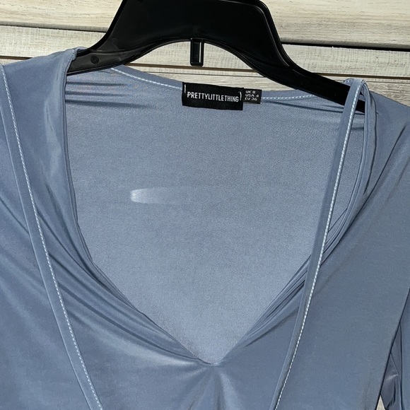 Powder Blue Slinky Long Sleeve Tie Waist Crop Top Pretty Little Thing - Picture 6 of 6